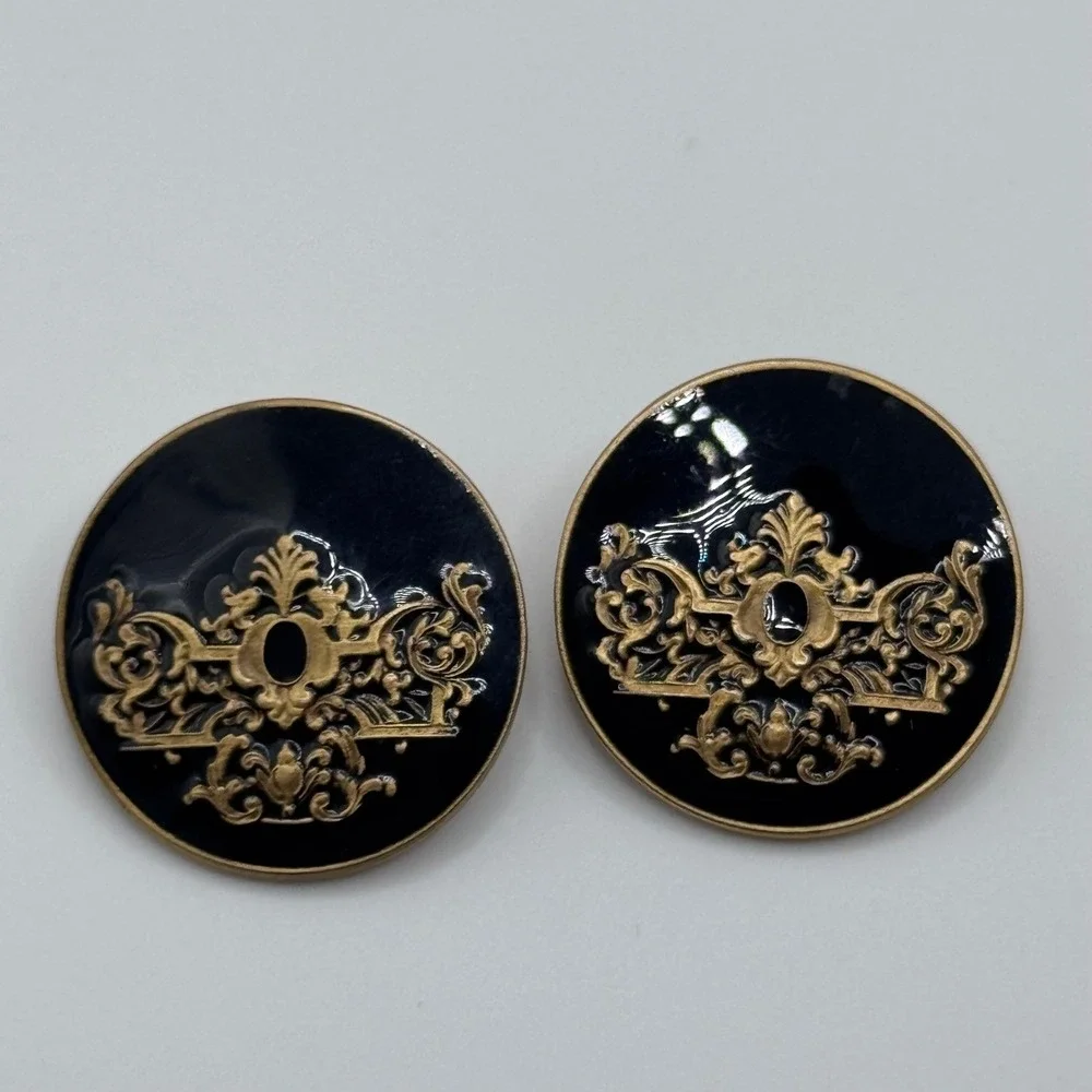 Vintage Museum of Fine Arts MFA Clip On Earrings Black Enamel Gold Tone